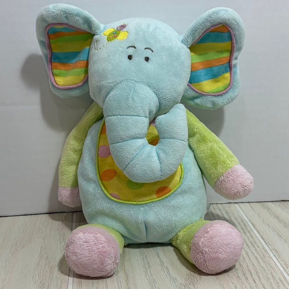 Kids Preferred Elephant Plush Blue Yellow Green Striped Ears Polka Dot Belly